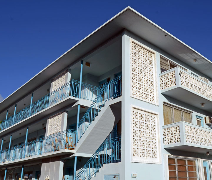 This Nov. 16, 2014 photo shows an example of MiMo architecture in Miami Beach. Taking a scenic route by bike or on foot through the side streets of South Beach opens up a whole new neighborhood with local haunts that offer high-class cultural experiences at a low-key, friendly pace