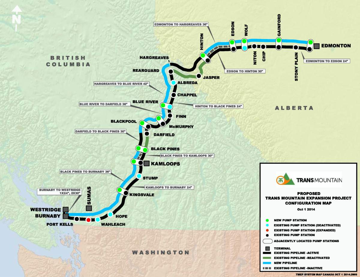 The proposed Trans Mountain pipeline expansion route.