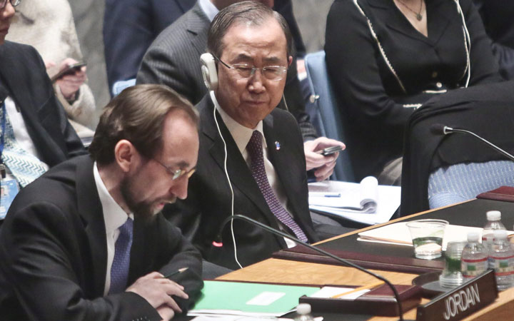 UN Secretary General Ban Ki-moon, centre, listens as Jordan's Ambassador to the United Nations Prince Zeid Ra'ad Zeid Al-Hussein, left, speaks after a U.N. Security Council vote on the Syria humanitarian crisis at the U.N. headquarters on Saturday, Feb. 22, 2014.