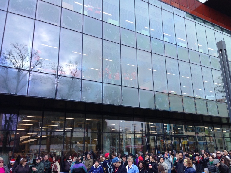 Librarians eagerly watched the crowd in the plaza.