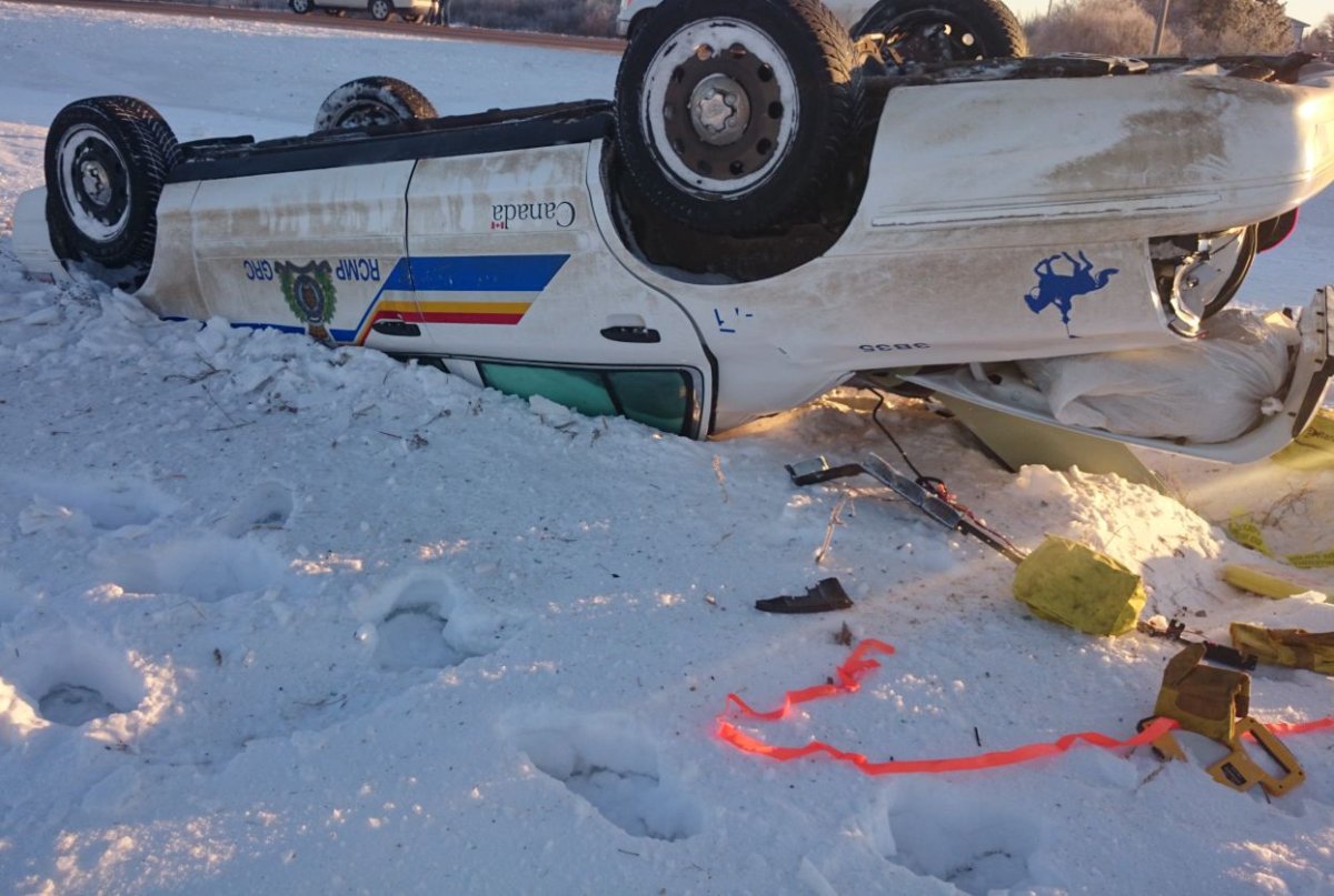 A St. Albert RCMP officer in a marked police car lost control of the vehicle on ice and rolled the police car in the ditch on Highway 44.