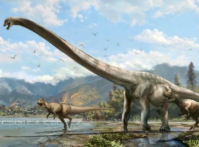 Artist's conception of Qijianglong, chased by two carnivorous dinosaurs in southern China 160 million years ago (Illustration: Lida Xing) http://uofa.ualberta.ca/.