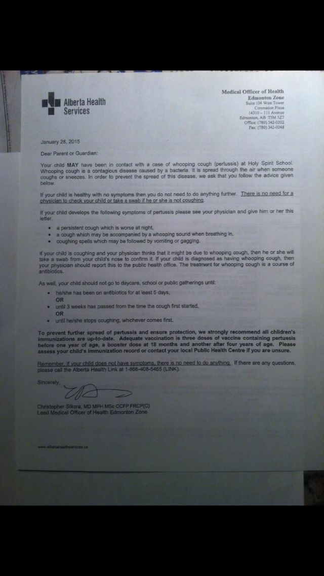 Whooping cough letter sent home to parents of Holy Spirit Catholic School by AHS, Jan. 28, 2015.