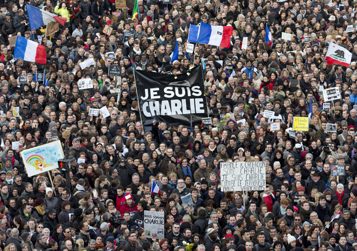 Thousands of people gather at Republique square for a unity rally in Paris on Jan. 11, 2015.