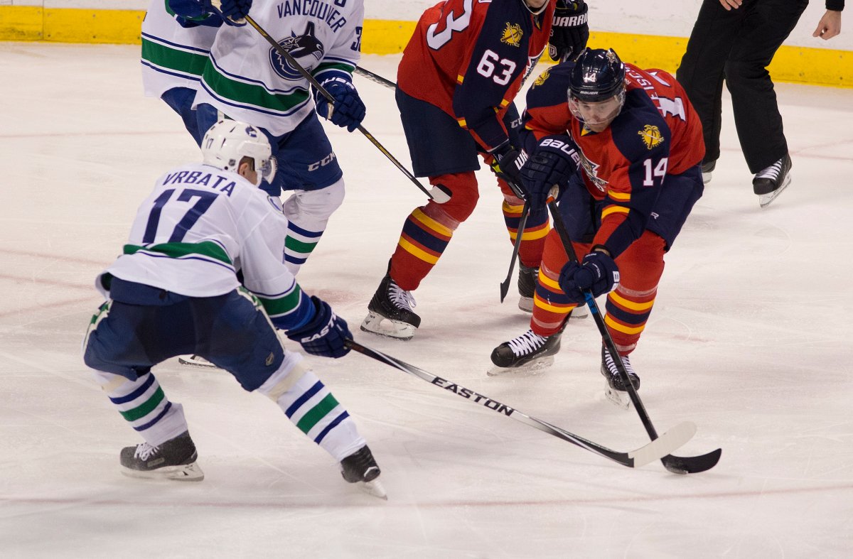 Vancouover Canucks' Radim Vrbata (17) and Florida Panthers' Tomas Fleischmann (14) battle for the puck during the third period of an NHL hockey game in Sunrise, Fla., Monday, Jan. 19, 2015. The Canucks won 2-1. 