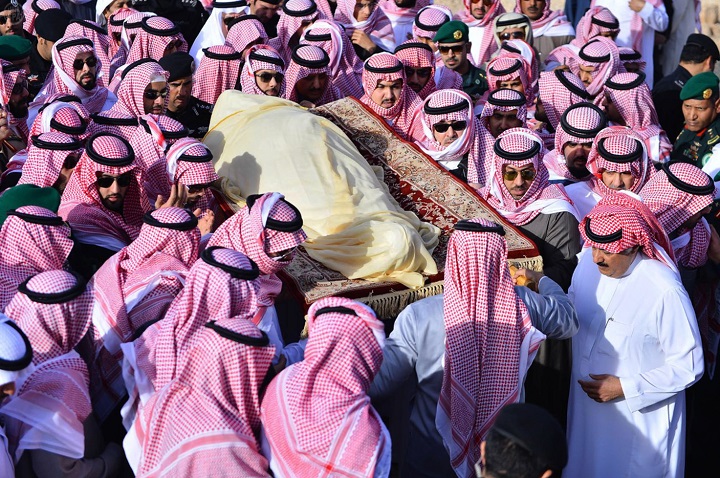 In this Friday, Jan. 23, 2015 photo, provided by the Saudi Press Agency, members of the Saudi royal family carry the body of King Abdullah during his funeral in Riyadh, Saudi Arabia.