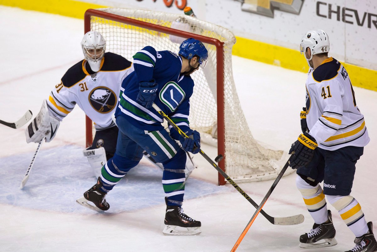 Vancouver Canucks' Nick Bonino,scores against Buffalo Sabres goalie Matt Hackett during the second period of an NHL hockey game Friday, Jan. 30, 2015, in Vancouver, British Columbia.