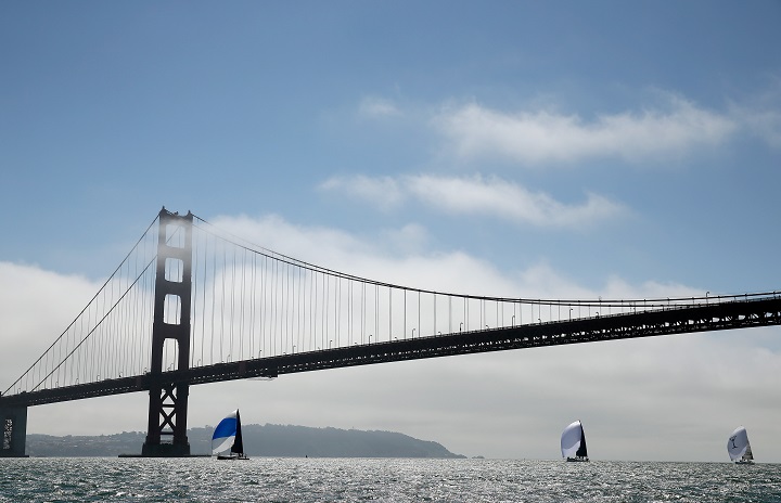 Boats in J111 class race back under the Golden Gate Bridge during the Rolex Big Boat Series on September 12, 2014 in San Francisco, California.