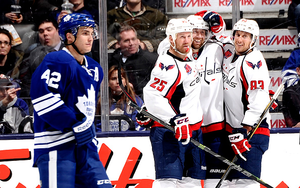 The Washington Capitals celebrate Eric Fehr #16 goal against the Toronto Maple Leafs during game action on January 7, 2015 at Air Canada Centre in Toronto, Ontario, Canada. 