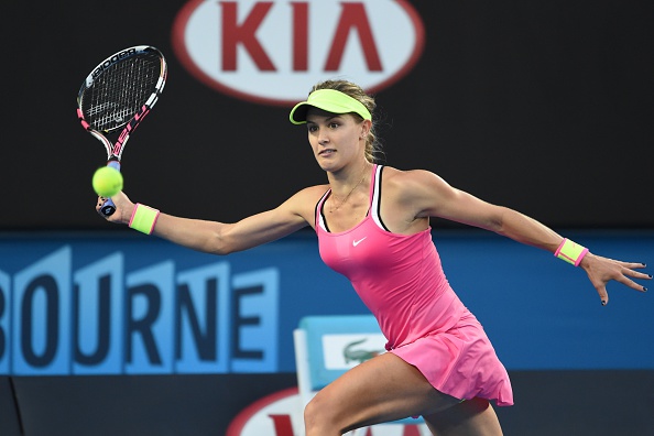 Canada's Eugenie Bouchard hits a return against Anne-Lena Friedsam of Germany during their women's singles match on day one of the 2015 Australian Open tennis tournament in Melbourne on January 19, 2015. 