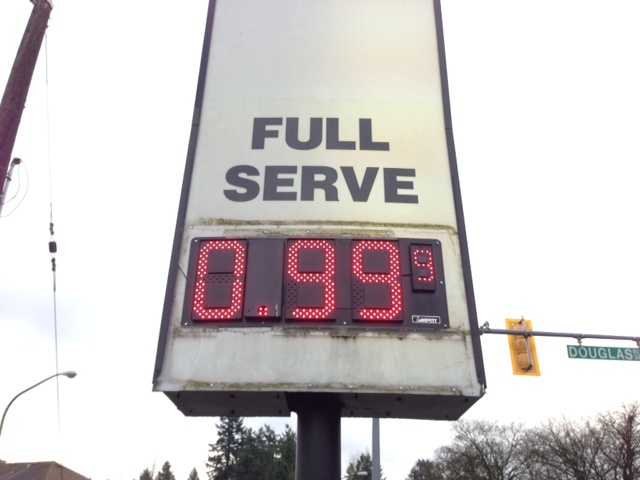 Gas is 99.9 at the Tempo gas station in Burnaby.