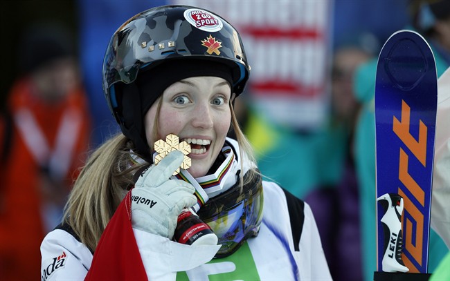 Canada's Justine Dofour-Lapionte celebrates her victory in the women's freestyle skiing single moguls final event at the Freestyle Ski and Snowboard World Championships in Kreischberg, Austria, Sunday, Jan. 18, 2015.