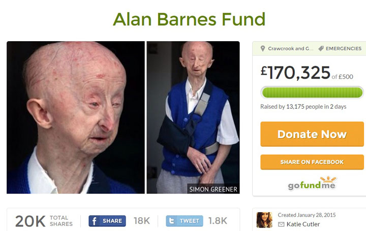 The donation page for attack victim Alan Barnes.