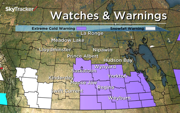 Environment Canada issued extreme cold warning Tuesday afternoon in part of central and southeastern Saskatchewan.