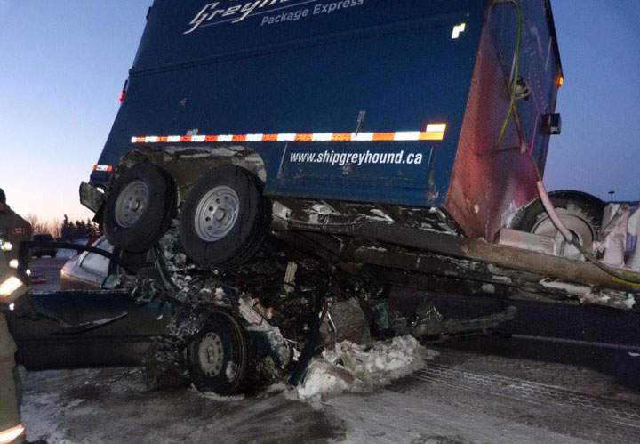 Traffic was restricted on Highway 16 east of Saskatoon after a crash between a car and a bus trailer.