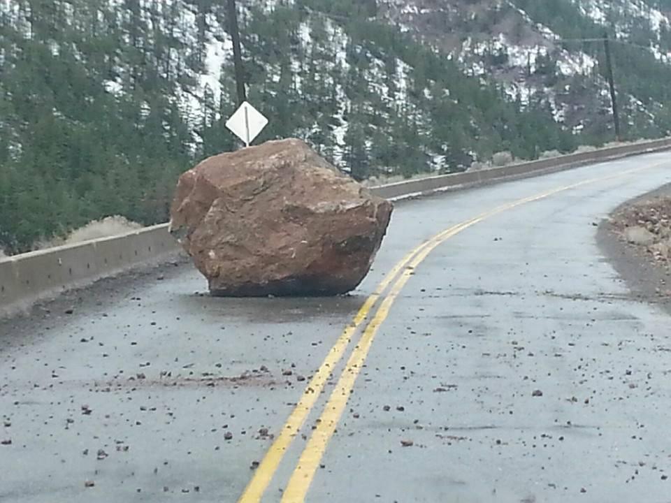 The boulder blocking traffic on Highway 12. 