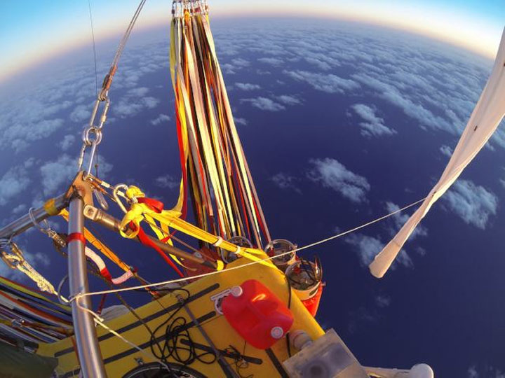 Two men have crossed the Pacific Ocean piloting a helium-filled balloon.