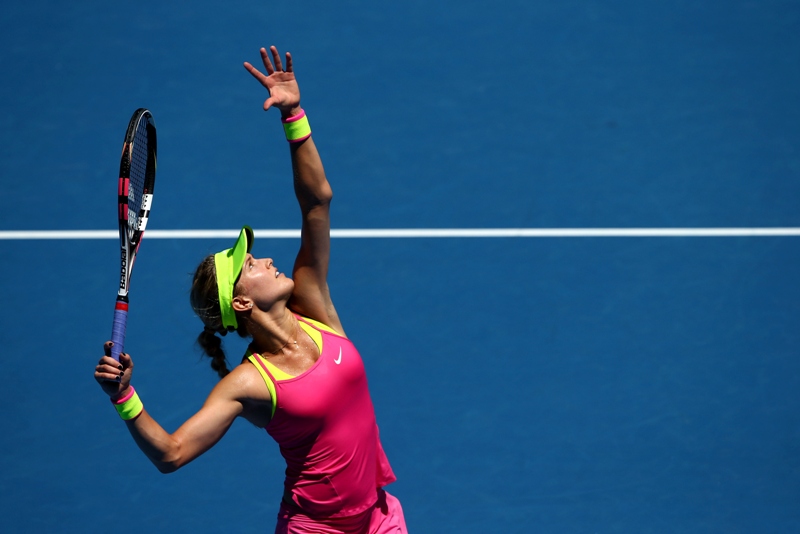 Eugenie Bouchard of Canada serves in her third round match against Caroline Garcia of France during day five of the 2015 Australian Open at Melbourne Park on January 23, 2015 in Melbourne, Australia. 
