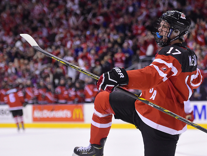 Canada's Connor McDavid celebrates his goal against Denmark with teammates Fredrik Gauthier (22) during second period quarter-final action at the World Junior Hockey Championships in Toronto on Friday January 2, 2015.