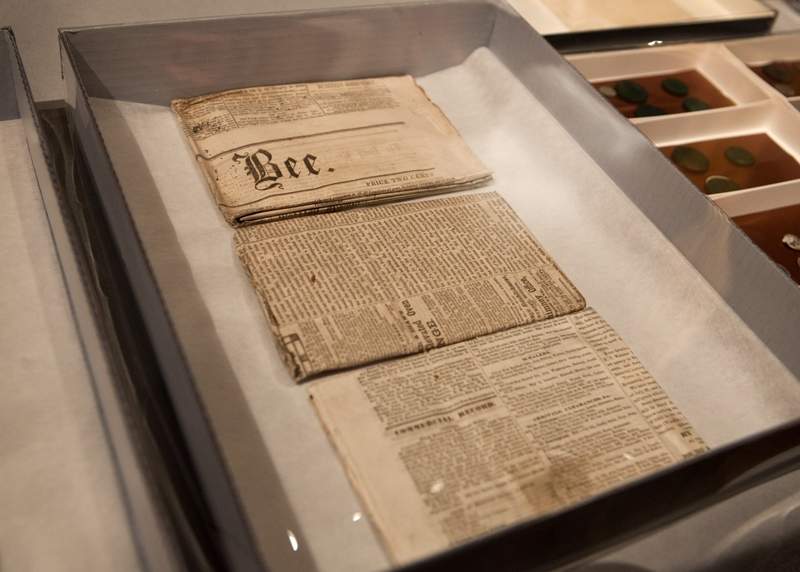 Newspapers found in a 1795 time capsule, are displayed at the Museum of Fine Arts on January 6, 2015, in Boston, Massachusetts.