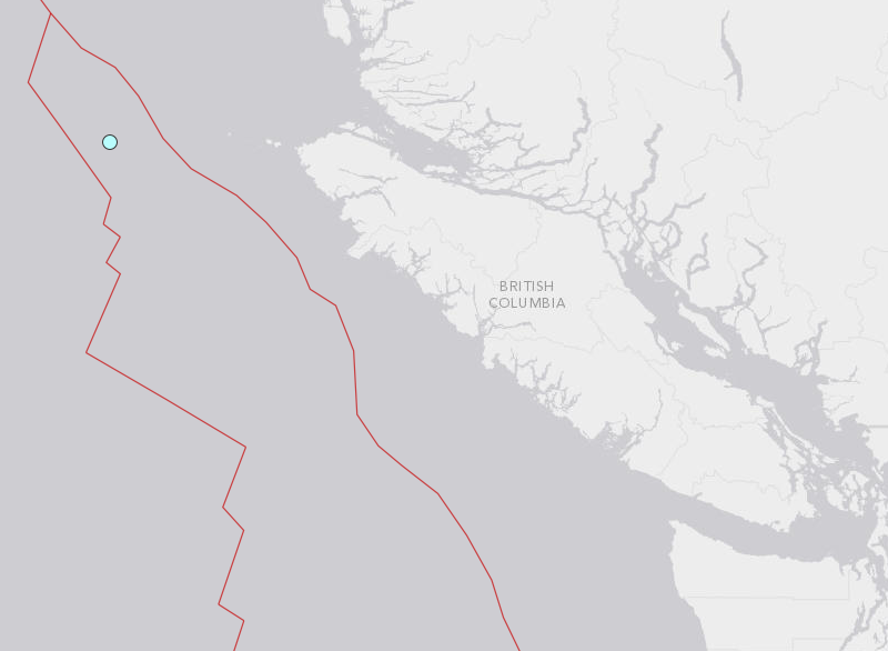 Location of a 4.5 magnitude earthquake off the coast of Vancouver Island on December 3, 2014.