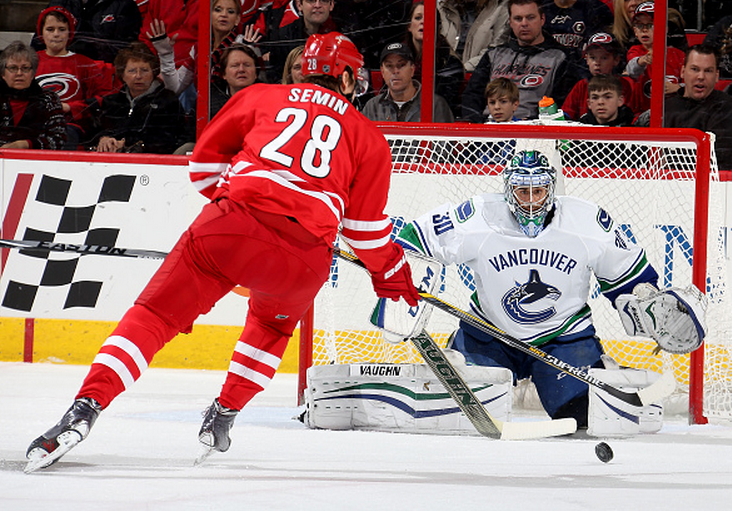 Ryan Miller #30 of the Vancouver Canucks defends the net from Alexander Semin #28 of the Carolina Hurricanes during their NHL game at PNC Arena on January 16, 2015 in Raleigh, North Carolina. (Photo by Gregg Forwerck/NHLI via Getty Images).