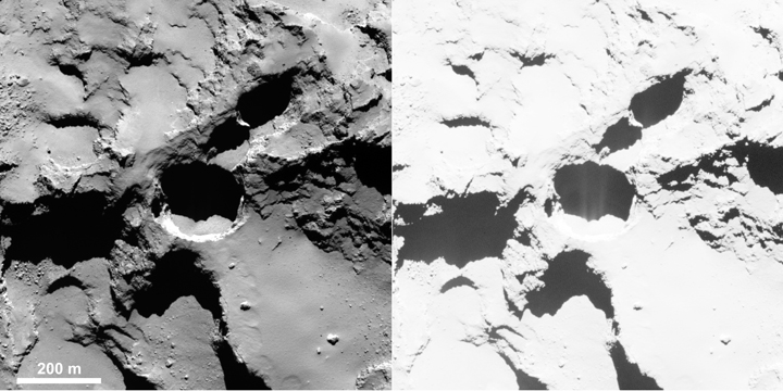 Active pit detected in Seth region of Comet 67P/Churyumov–Gerasimenko. This is an OSIRIS narrow-angle camera image acquired on 28 August 2014 from a distance of 60 km. The image resolution is 1 m/pixel. Enhancing the contrast (right) reveals fine structures in the shadow of the pit, interpreted as jet-like features rising from the pit.