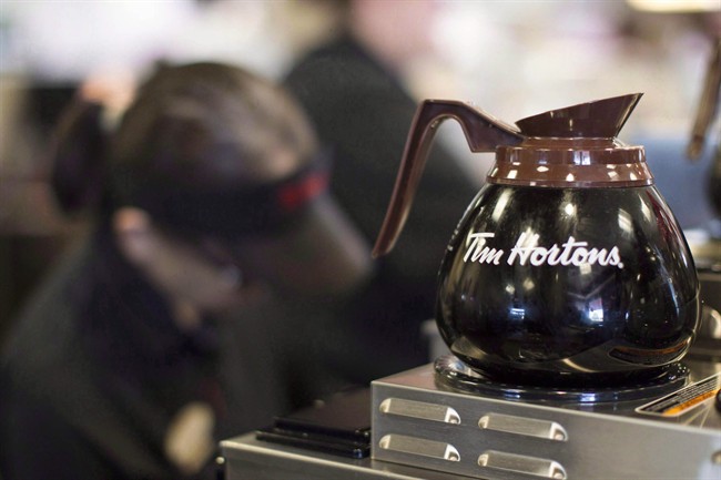 Freshly-brewed coffee sits on a hot plate in a Tim Hortons outlet in Oakville, Ont. 