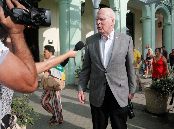 U.S. delegation leader Sen. Patrick Leahy talks with reporters as he leaves the Hotel Saratoga, in Havana, Cuba, Saturday, Jan. 17, 2015.