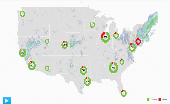This nifty "misery map" shows how many flights are delayed across the U.S.