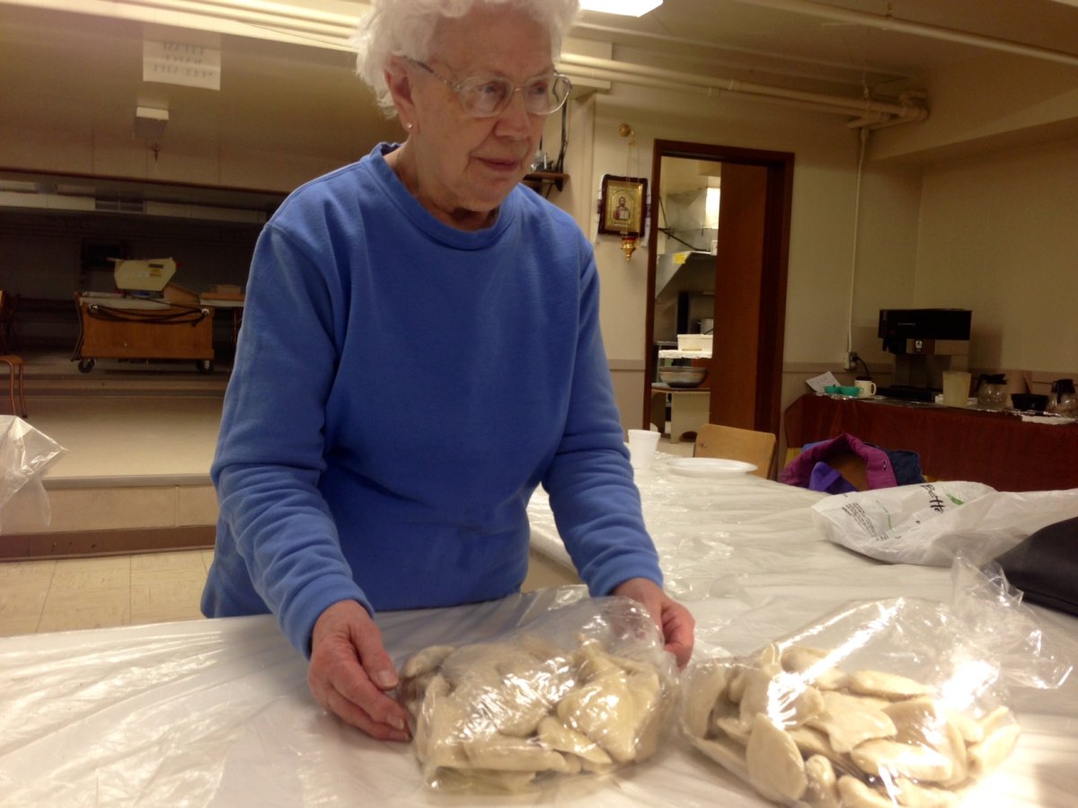 Helen Allan with perogies left from last week's fundraiser at St. Ivan Suchavsky Ukrainian Orthodox Cathedral.