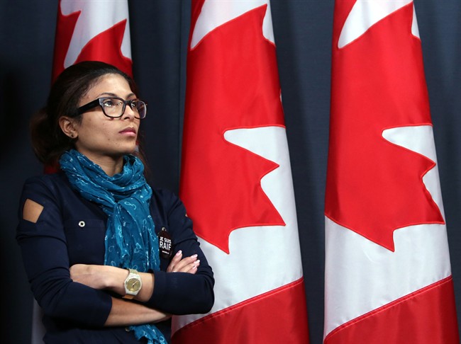 Ensaf Haidar, wife of jailed Saudi blogger Raif Badawi who has been flogged by Saudi authorities, takes part in a news conference in Ottawa in Ottawa, Thursday, Jan.29, 2015. 