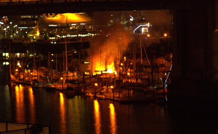 Crews responded to a boat fire near Granville Island.
