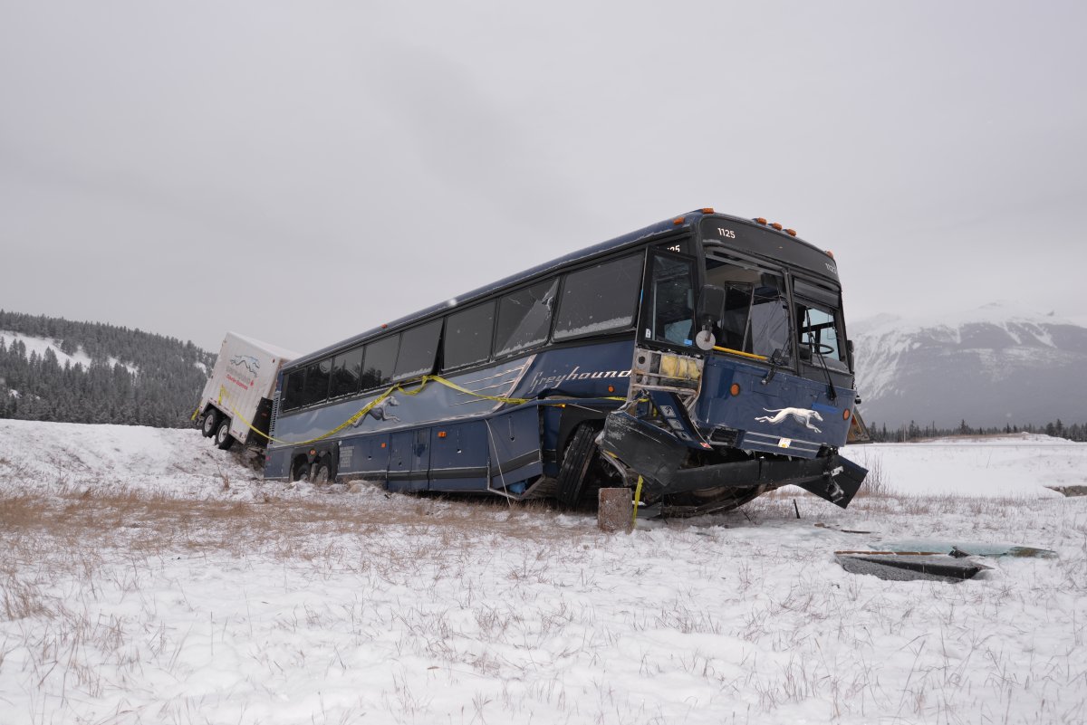 A Greyhound bus en route from Prince
George, B-C to Edmonton crashed into the ditch just outside Jasper, AB. January 5, 2015.