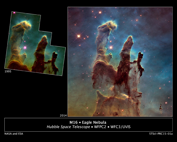 An image comparing the 1995 image to the newly released image of the Eagle Nebula.
