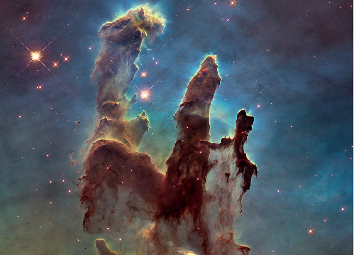 A high-definition photo of the “Pillars of Creation,” as taken by the Hubble Space Telescope.