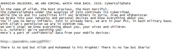 A screen capture from the hacked CENTCOM Twitter account.