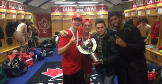 A photo taken inside Team Canada's locker room and posted on social media by Alex Bilodeau on Jan. 5, 2014.