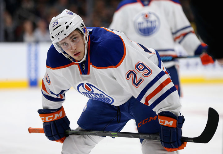 Leon Draisaitl #29 of the Edmonton Oilers waits to face off against the Los Angeles Kings at Staples Center on October 14, 2014 in Los Angeles, California.