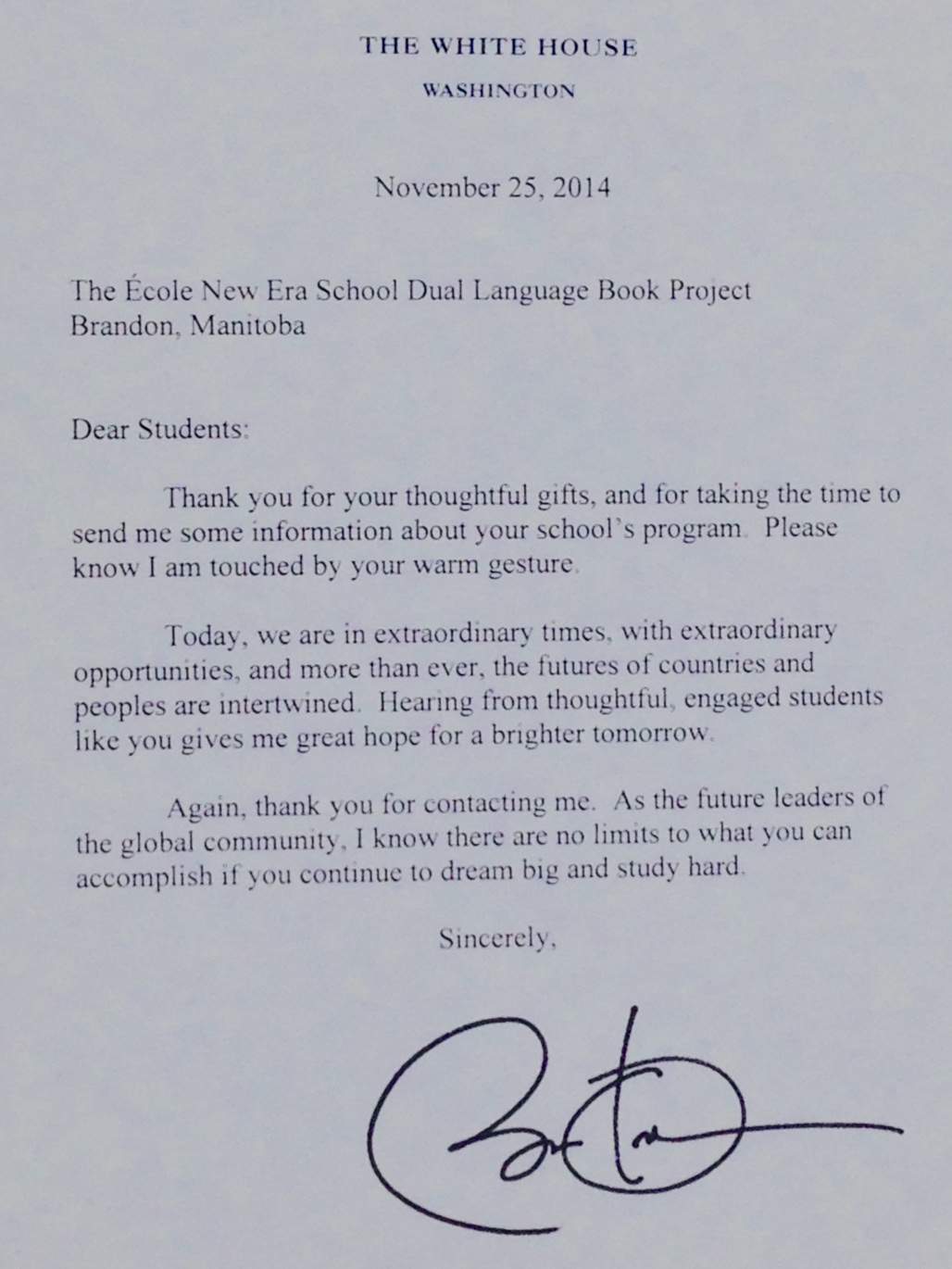 Barack Obama sent this letter to Brandon students at New Era School.