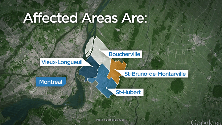 Areas affected by the Longueuil water advisory.