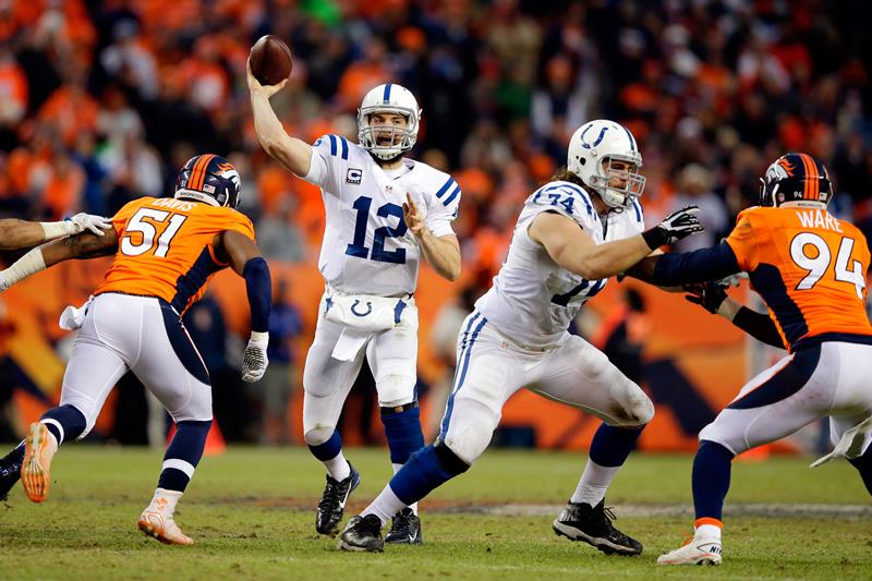 Andrew Luck #12 of the Indianapolis Colts passes against the Denver Broncos during a 2015 AFC Divisional Playoff game at Sports Authority Field at Mile High on January 11, 2015 in Denver, Colorado.