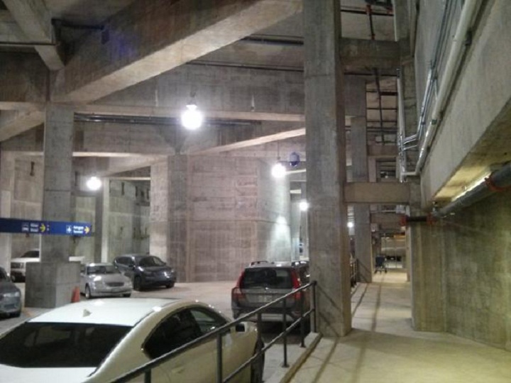 At the Montreal Airport Marriott In-Terminal Hotel, a structure at bottom of the parking garage resembles a train platform.