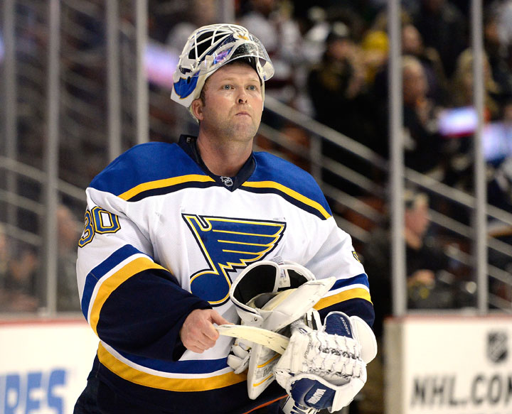 Martin Brodeur of the St. Louis Blues reacts after a stop in play trailing 4-3 to the Anaheim Ducks during the third period at Honda Center on January 2, 2015 in Anaheim, California.  