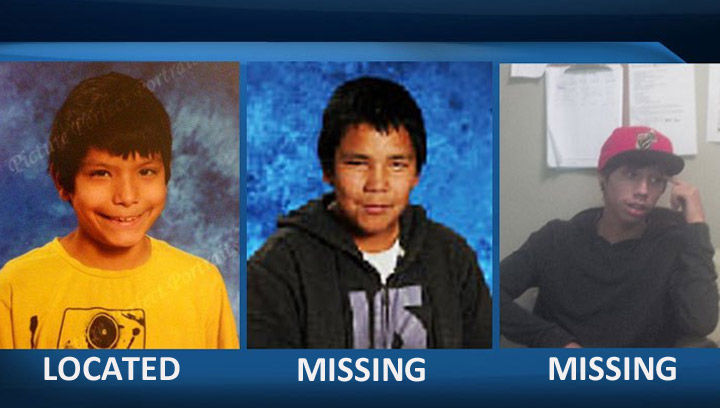 James Bird (left), who was reported missing, has returned home. Saskatoon police are still looking for Eugene Caisse (centre) and Brandon Kishayinew (right), who have been reported missing.