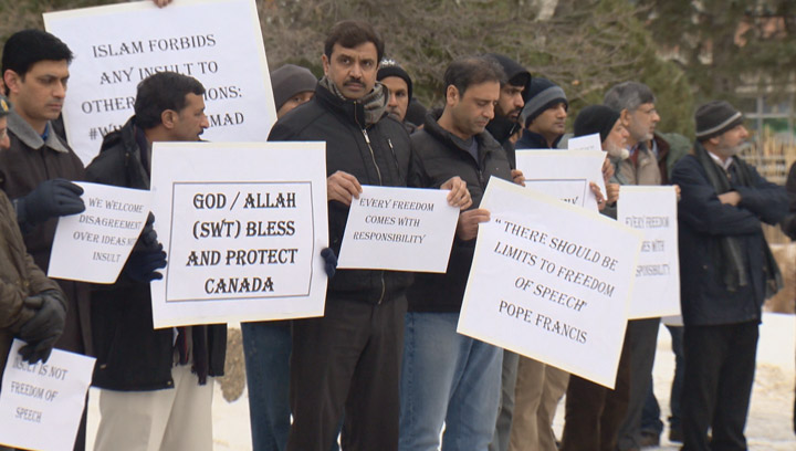 Members of Saskatoon’s Muslim community rally, say there are certain limitations on free speech.