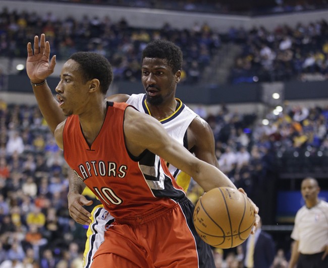 Toronto Raptors' DeMar DeRozan (10) goes to the basket against Indiana Pacers' Solomon Hill (44) during the first half of an NBA basketball game Tuesday, Jan. 27, 2015, in Indianapolis.