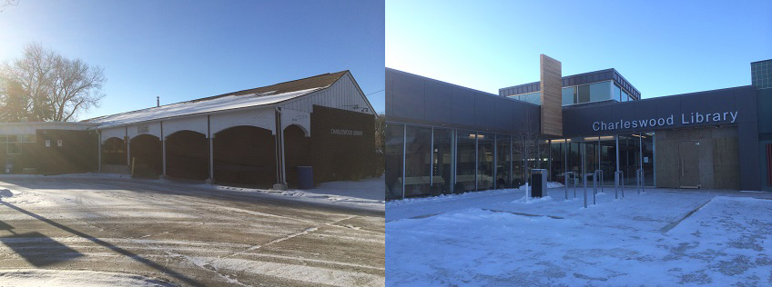 Side by side of the old Charleswood Library and the new one set to open mid - January.