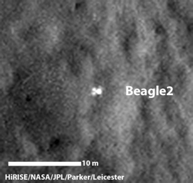 This image provided by NASA shows the Beagle 2 which was never heard from after its expected Dec. 25, 2003, landing. This and other images from the High Resolution Imaging Science Experiment (HiRISE) camera on NASA\'s Mars Reconnaissance Orbiter have located the lander close to the center of its planned landing area.