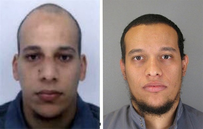 FILE - This file photo combination of images provided by The Paris Police Prefecture shows suspects Cherif, left, and Said Kouachi who authorities said carried out an attack at the Charlie Hebdo newspaper. U.S. and French intelligence officials are leaning toward an assessment that the Paris terror attacks were inspired by al-Qaida but not directly supervised by the group. (AP Photo/Prefecture de Police de Paris, File).